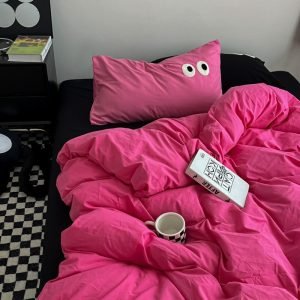 Cartoon Large Eyes Embroidery Duvet Cover Bed Sheet Set Quilt Cover Pillowcase